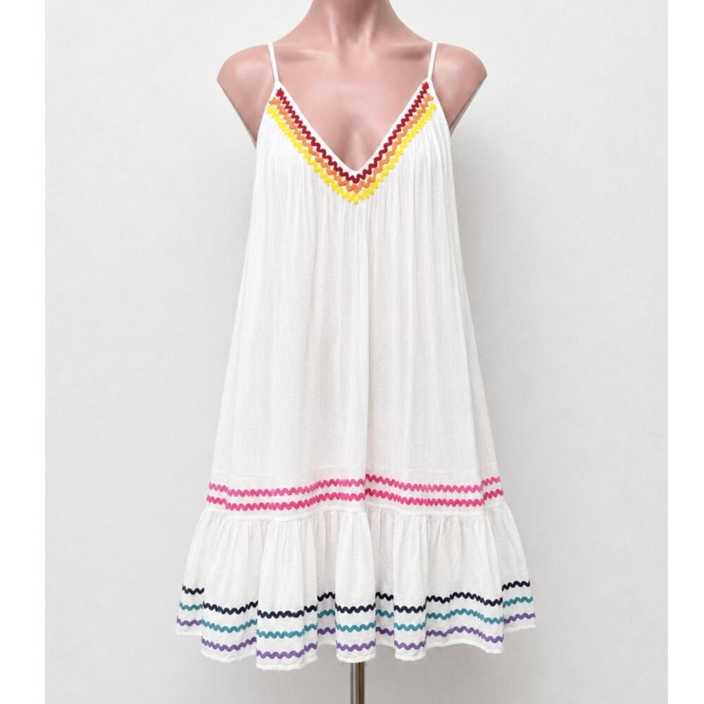 9 Seed St Tropez Cute Rainbow Zig Zag Trim Flowy VNeck Mini Pleated Sun Dress OS